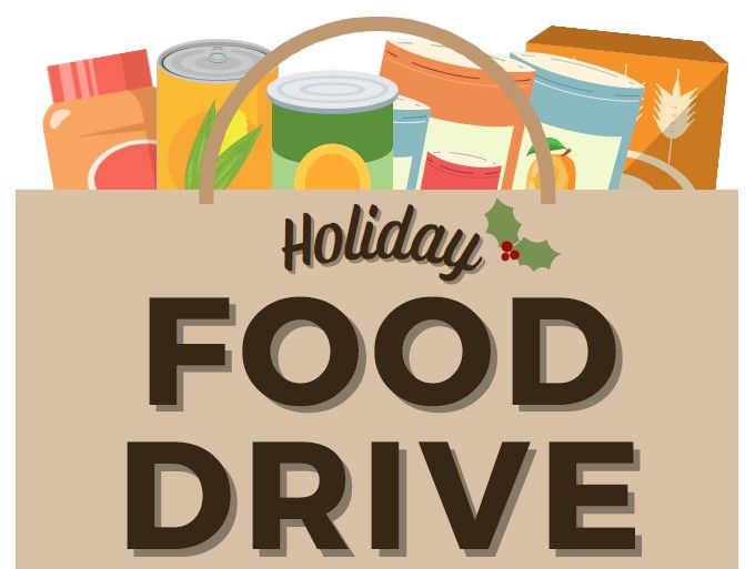 Paper bag with food sticking out the top with the words Holiday Food Drive