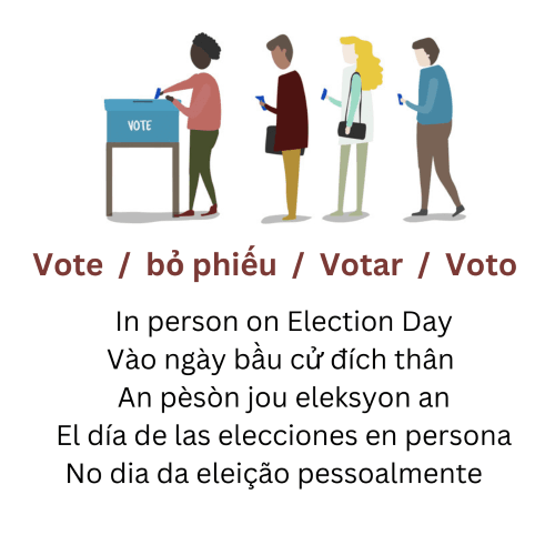 People in line casting their vote in person on election day; information on voting on election day Opens in new window
