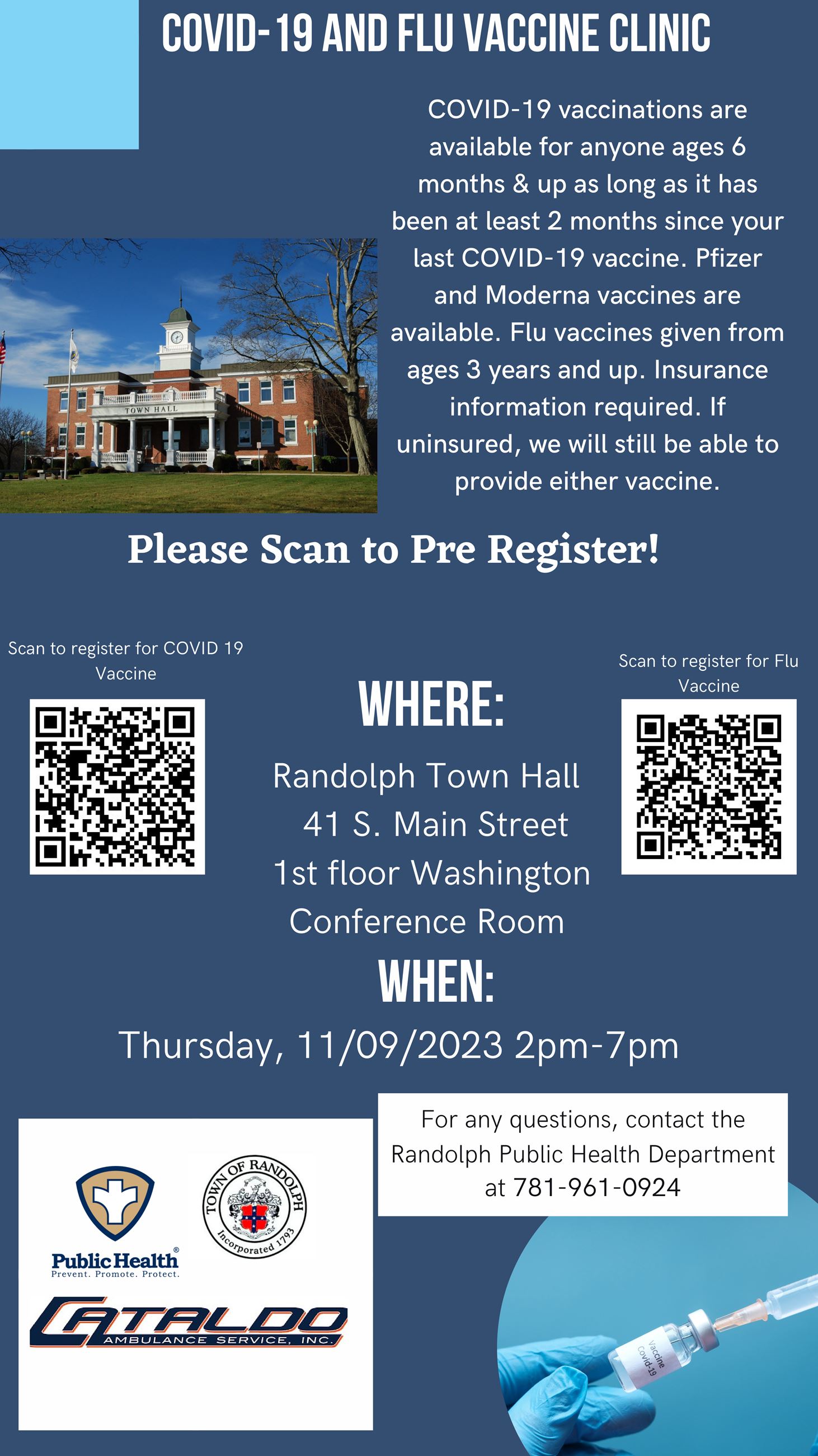 Town Hall COVID-19 Vaccine Clinic- 11-9-23 from 2 pm to 7 pm