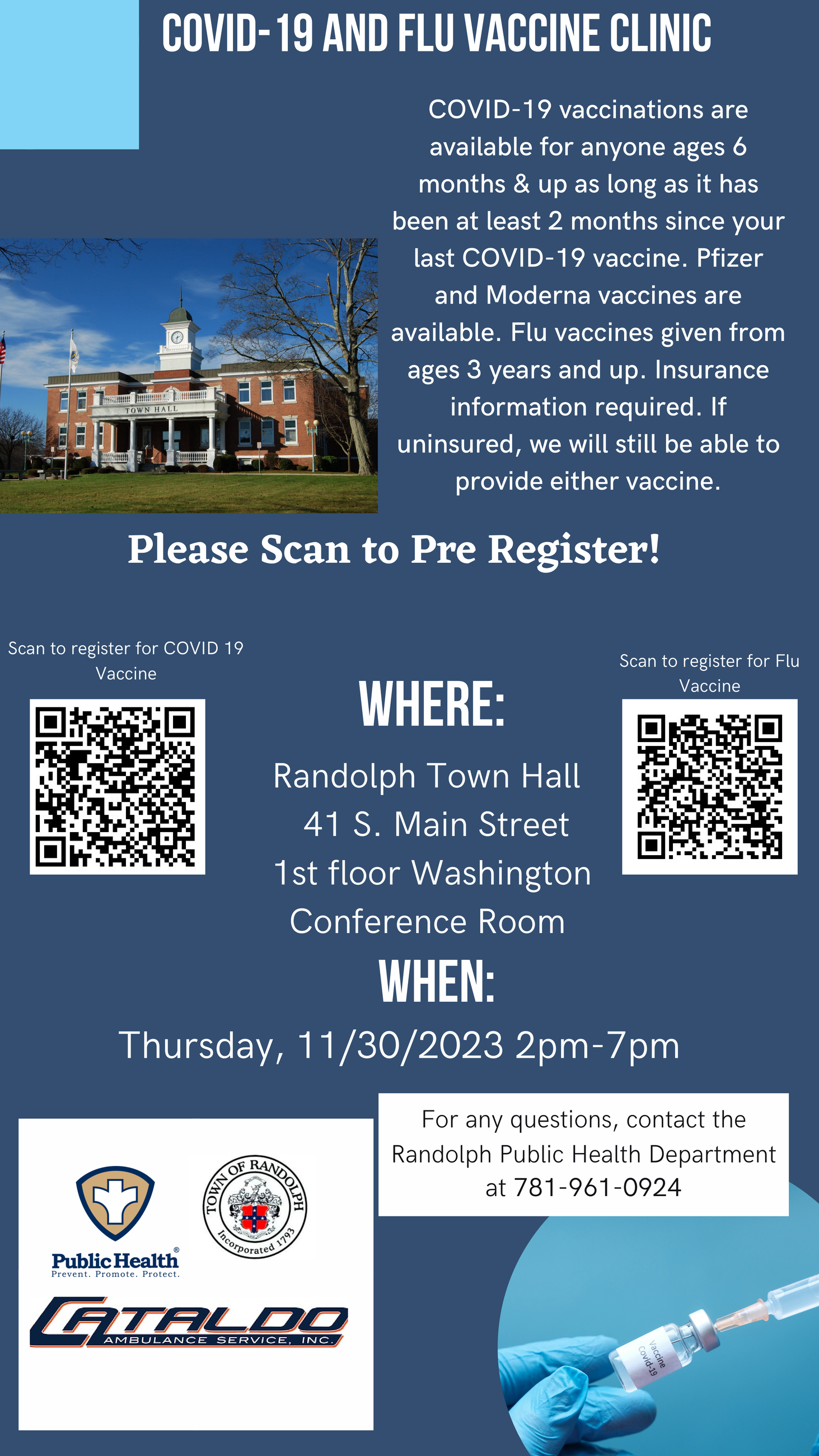 Town Hall COVID-19 and Flu Vaccine Clinic on Nov. 30, 2023 from 2 pm to 7 pm