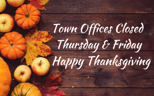 Offices Closed Thursday and Friday Happy Thanksgiving with pictures of leaves and pumpkins