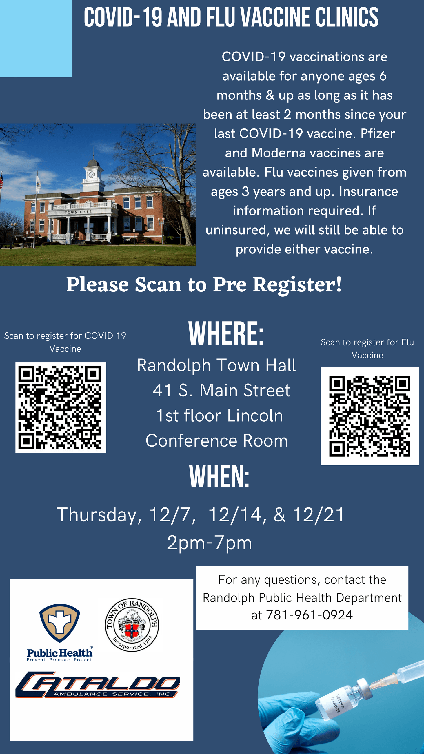COVID Vaccine Clinics at Town Hall, December 7th, 14th, and 21st from 2 pm to 7 pm