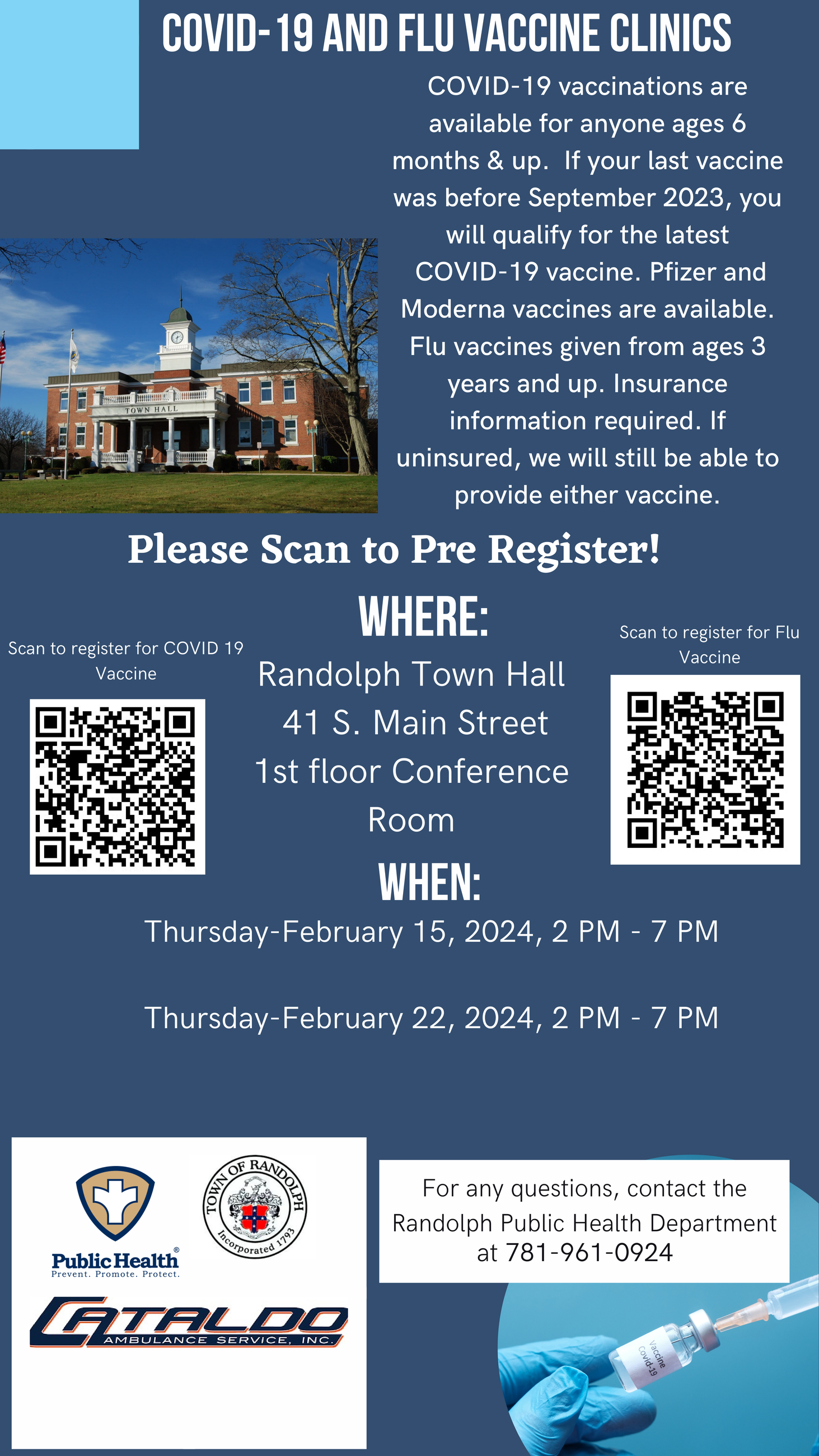 COVID-19 Vaccine Clinics-Thurs, Jan. 25th through Feb- Town Hall, 41 S. Main St, Lincoln Room, 2-7pm