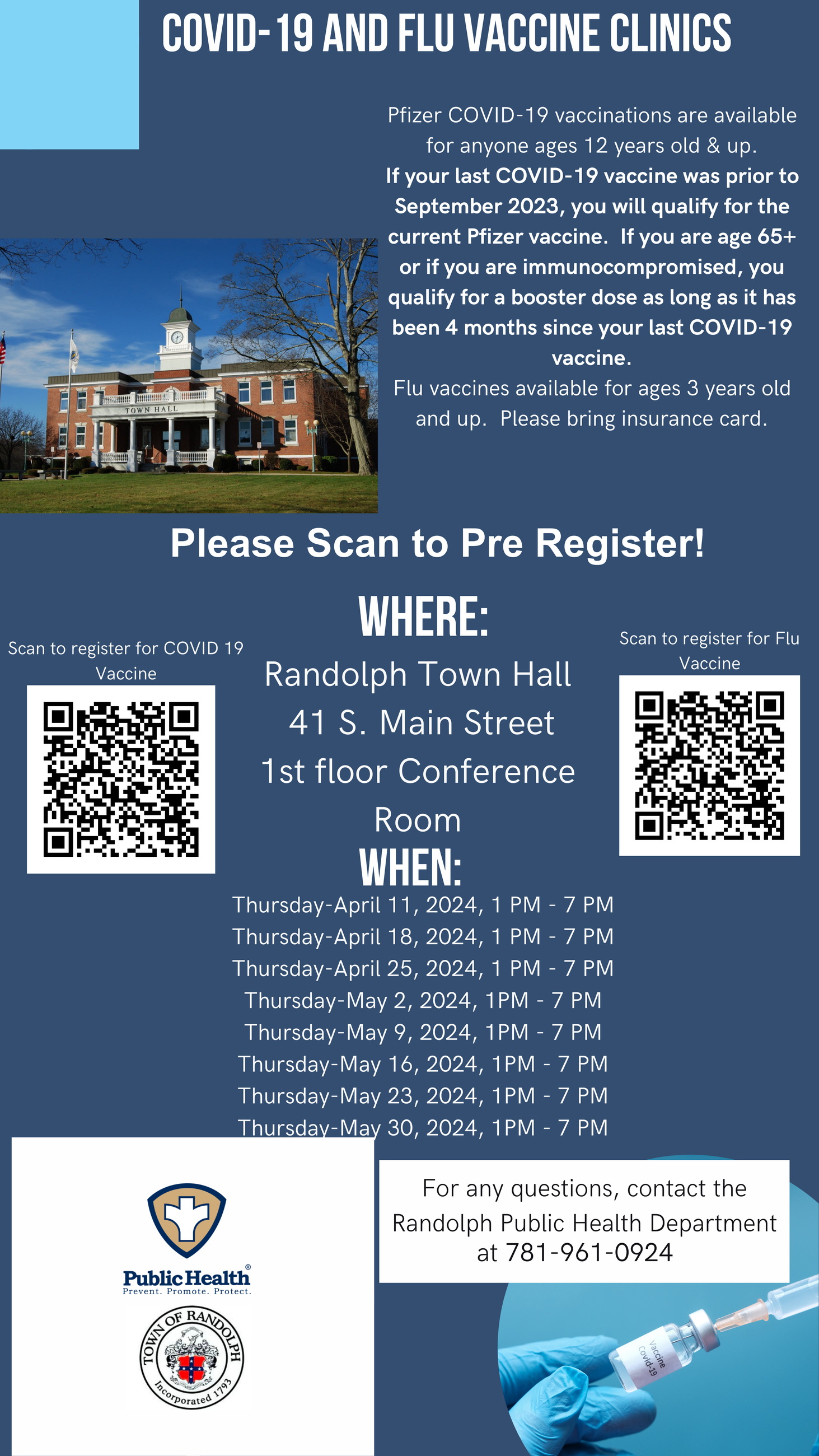 Covid-19 and Flu Vaccination Clinics- Every Thursday in March and April- 1 pm to 7 pm at Town Hall