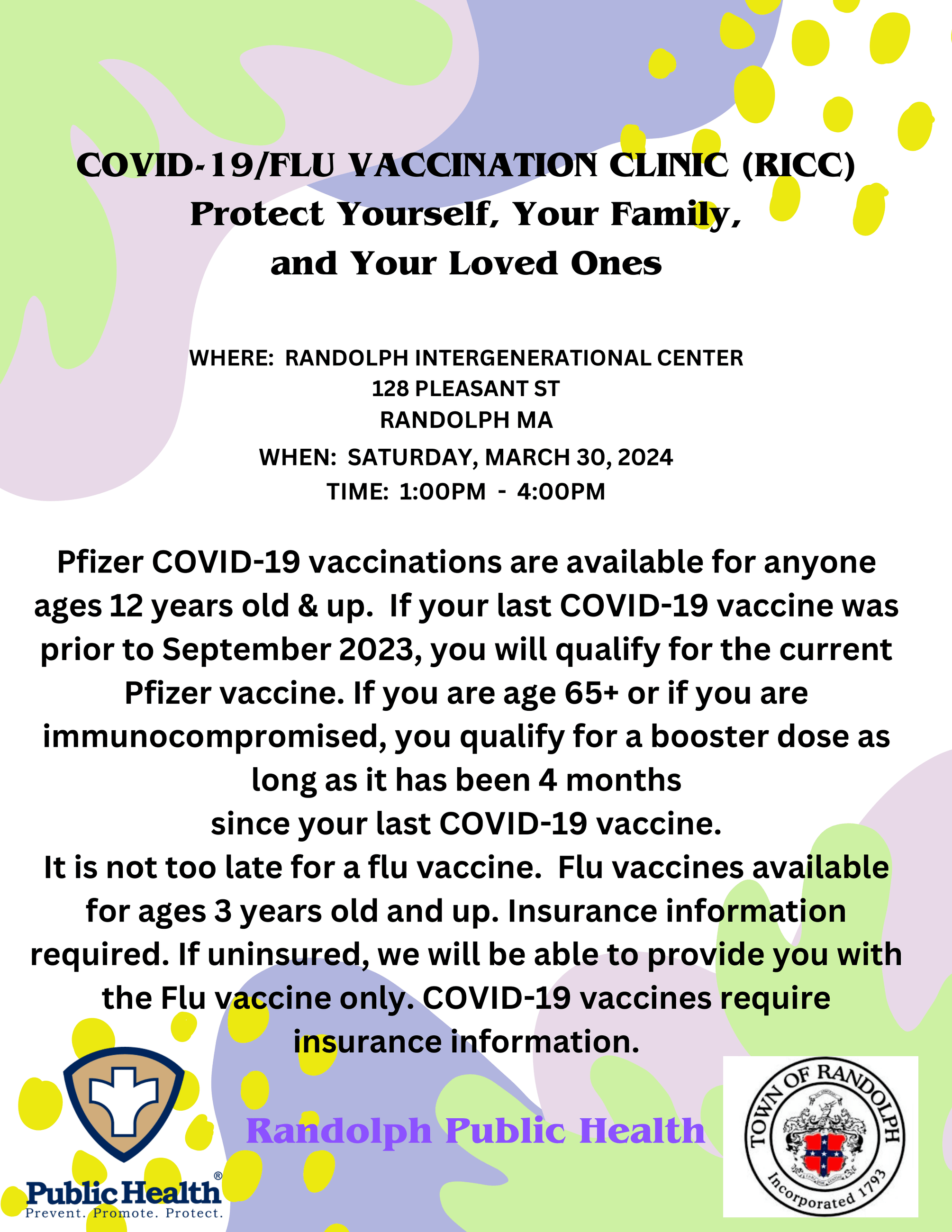 Covid-19 and Flu Vaccination Clinic- Saturday, March 30th- 1 pm to 4 pm at the RICC, 128 Pleasant St