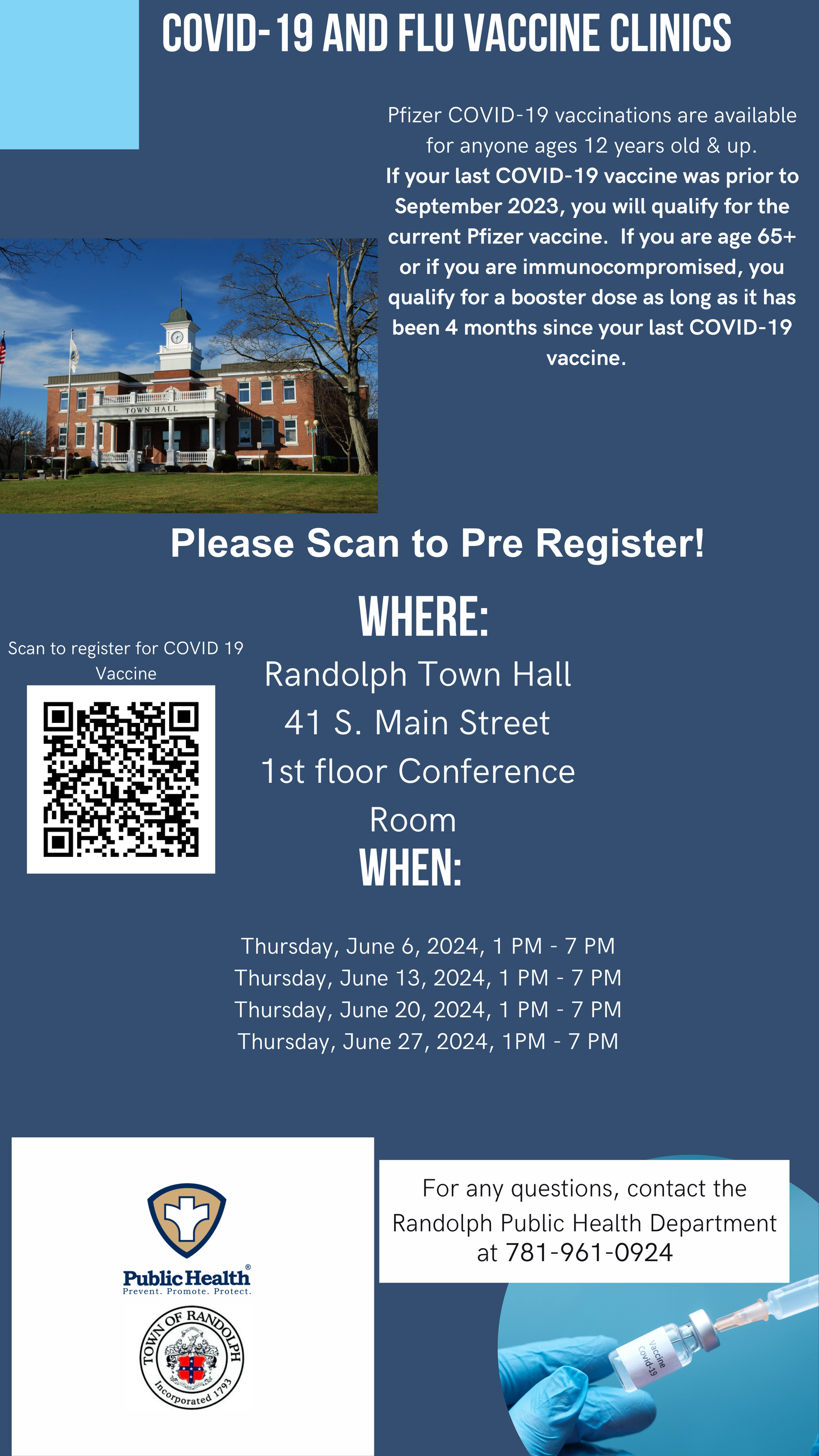 COVID-19 and Flu Vaccine Clinics- Every Thursday in June from 1-7 pm at Town Hall