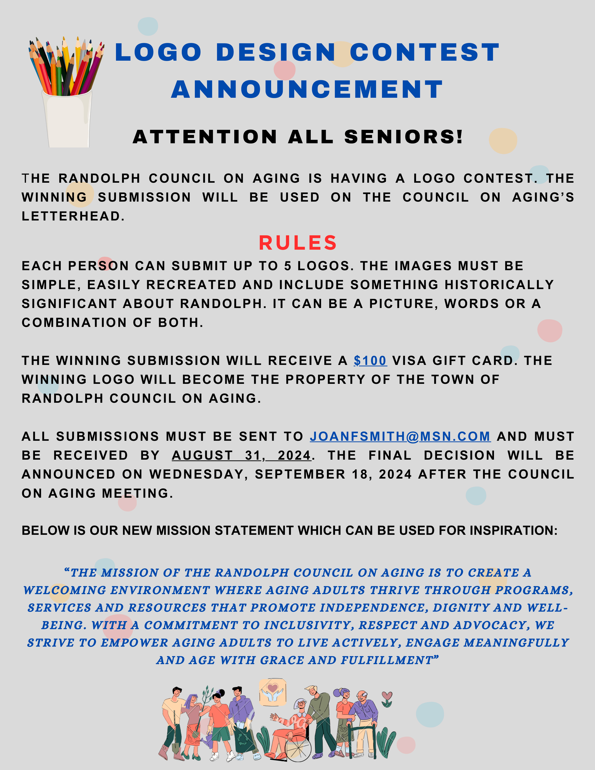 create a council on aging logo by 8-31-24 & enter to win a $100 gift card, email joanfsmith@msn.com