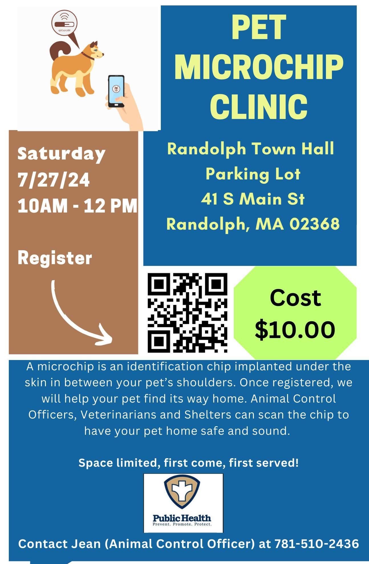 Pet Microchip Clinic- July 27, 2024 from 10 am- 12 noon at Town Hall, 41 South Main St. 