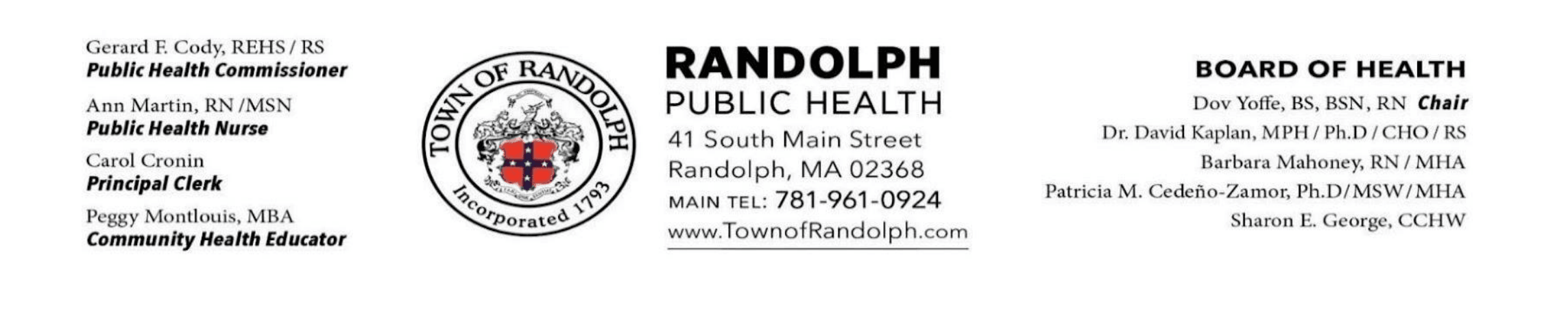 Board of Health, 41 South Main Street, 781-961-0924, Gerard Cody, Public Health Commissioner