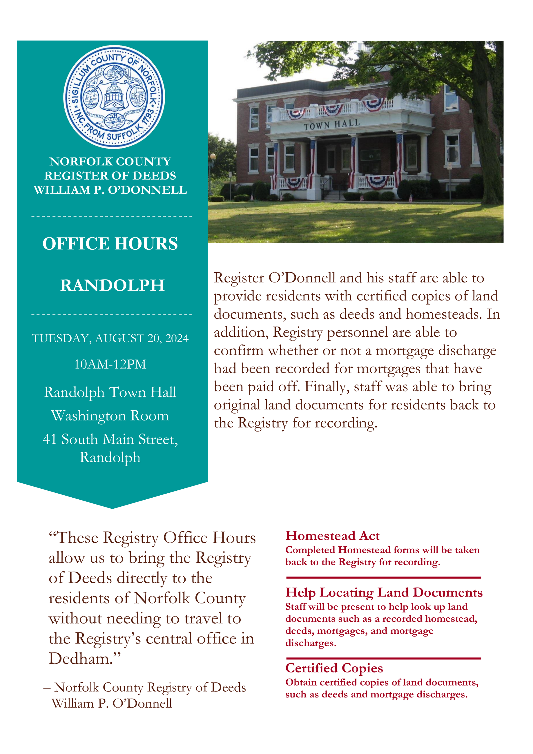 Norfolk County Register of Deeds Office Hours, August 20th from 10am-12pm at Randolph Town Hall