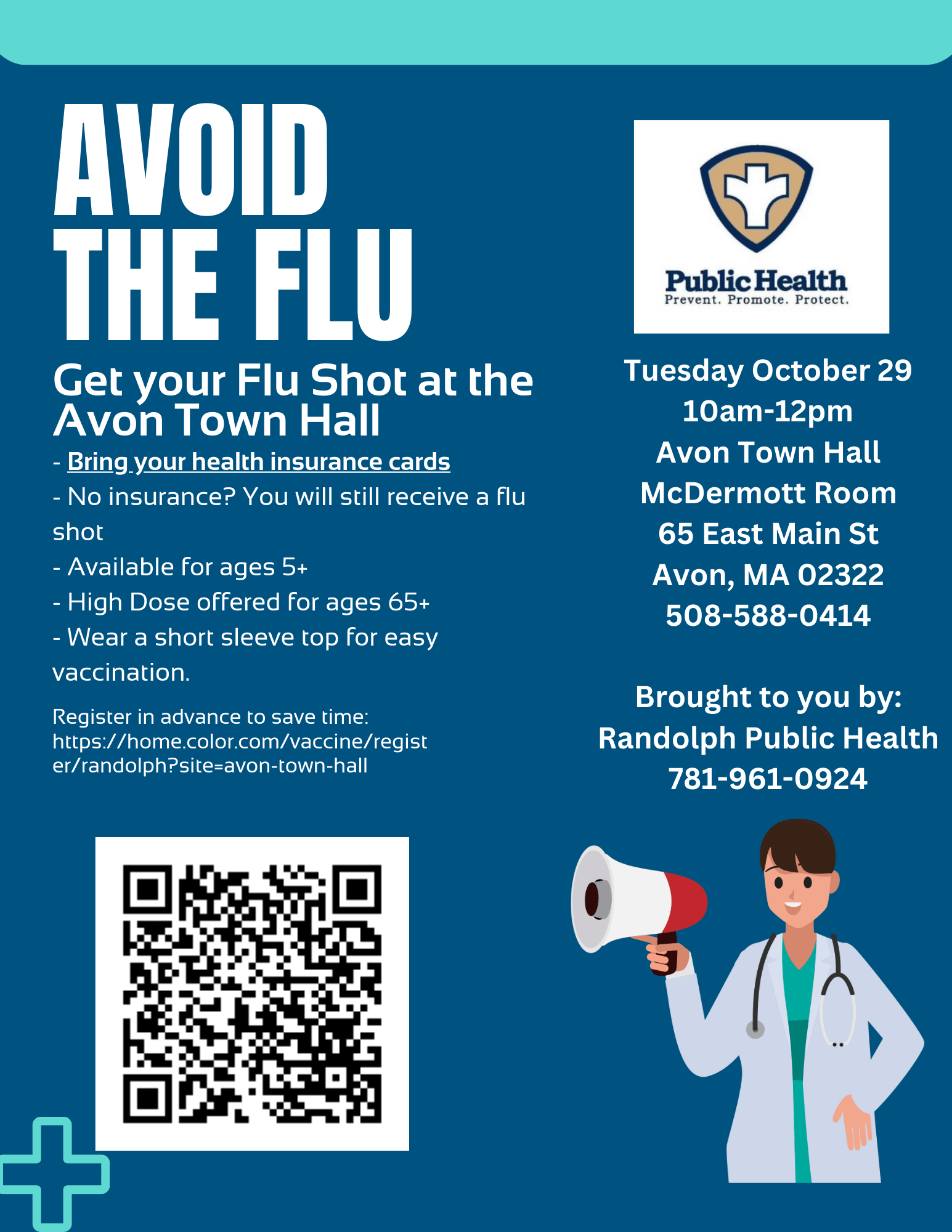 Avoid the flu, get your shot on Tues, Oct. 29th from 10am-12pm, Avon Town Hall, 65 East Main St