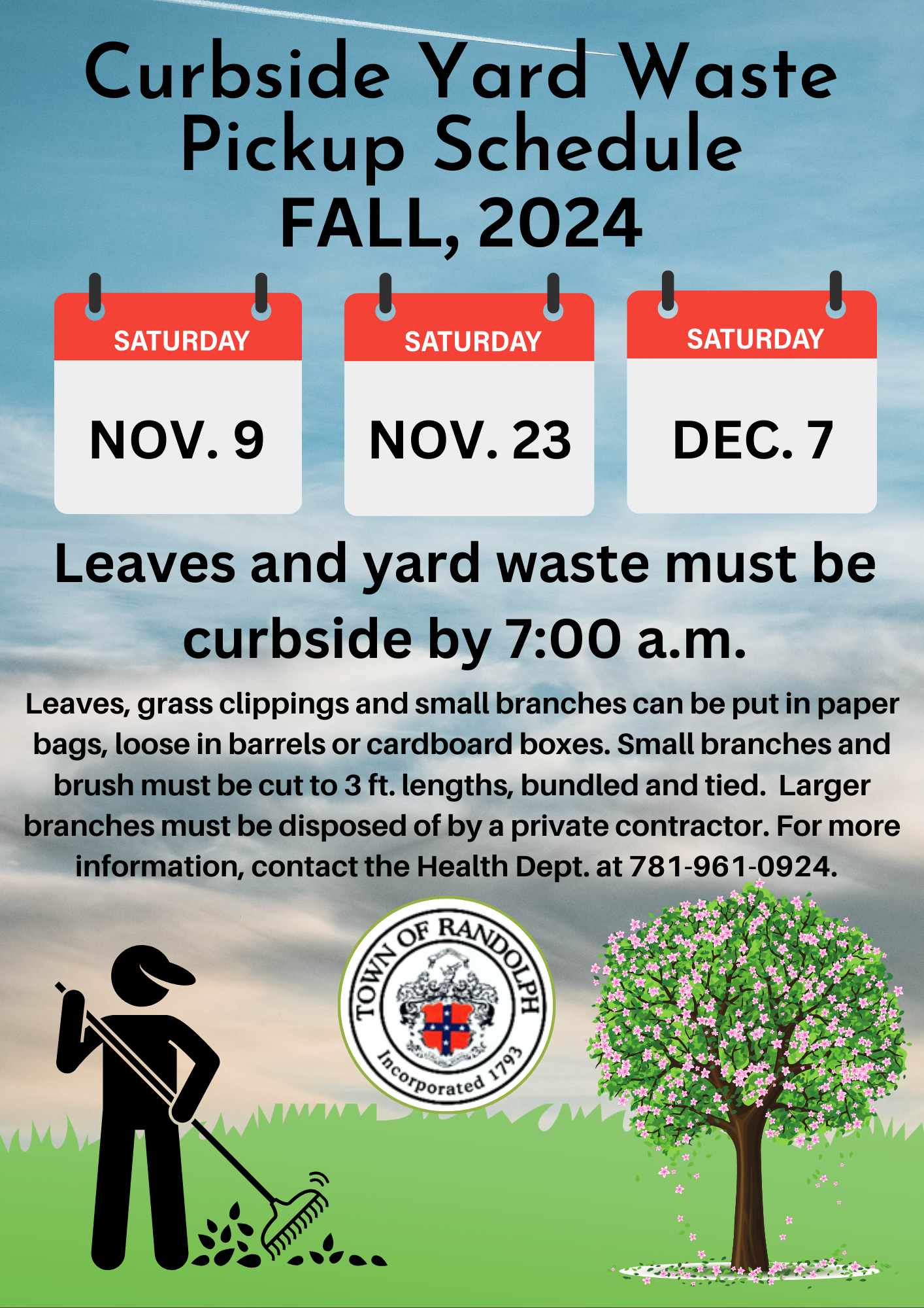 Curbside Yard Waste Fall Pickup, Nov. 9th, 23rd and Dec. 7th. Stick figure raking leaves