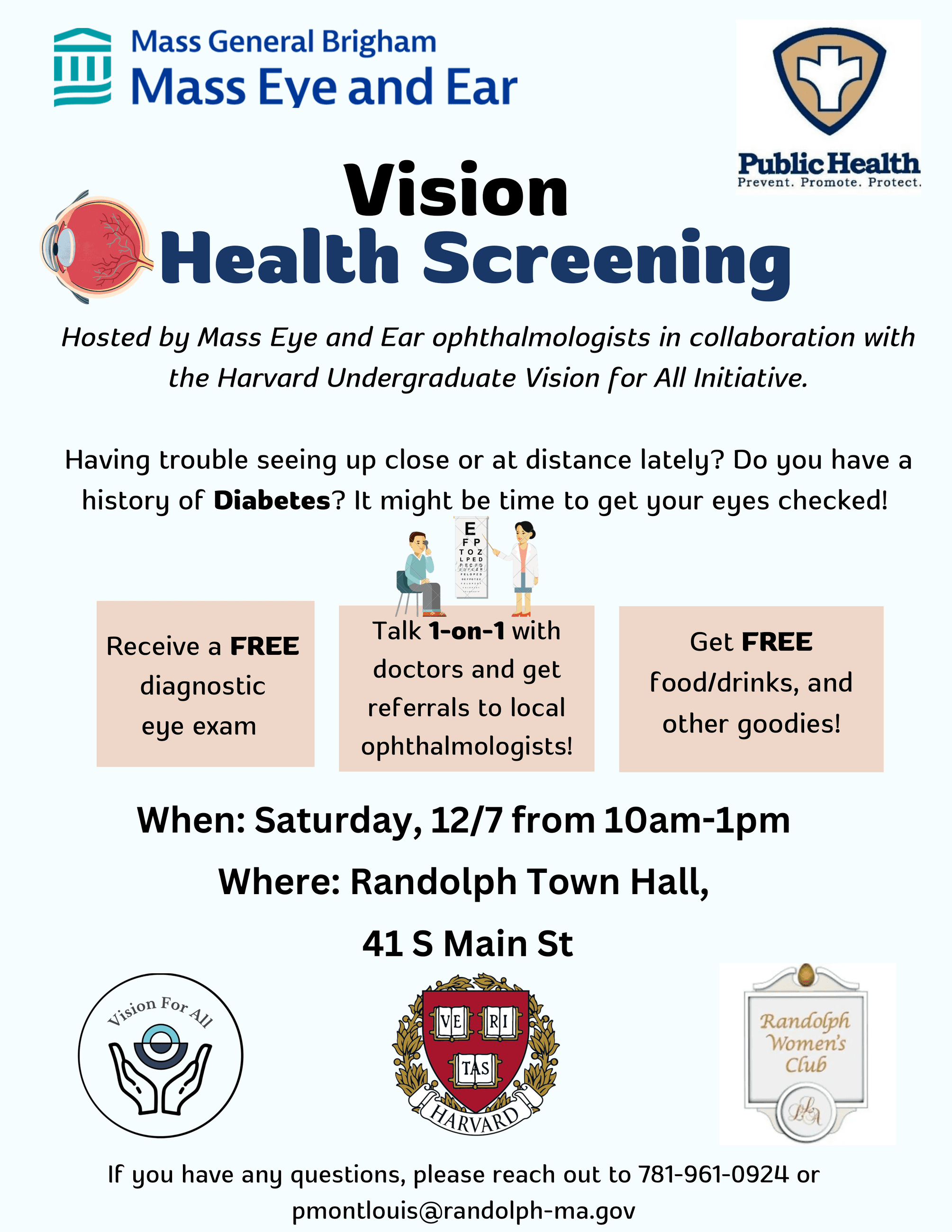 Free vision screening, Saturday, Dec. 7th from 10am- 1pm at Randolph Town Hall, 41 South Main St.