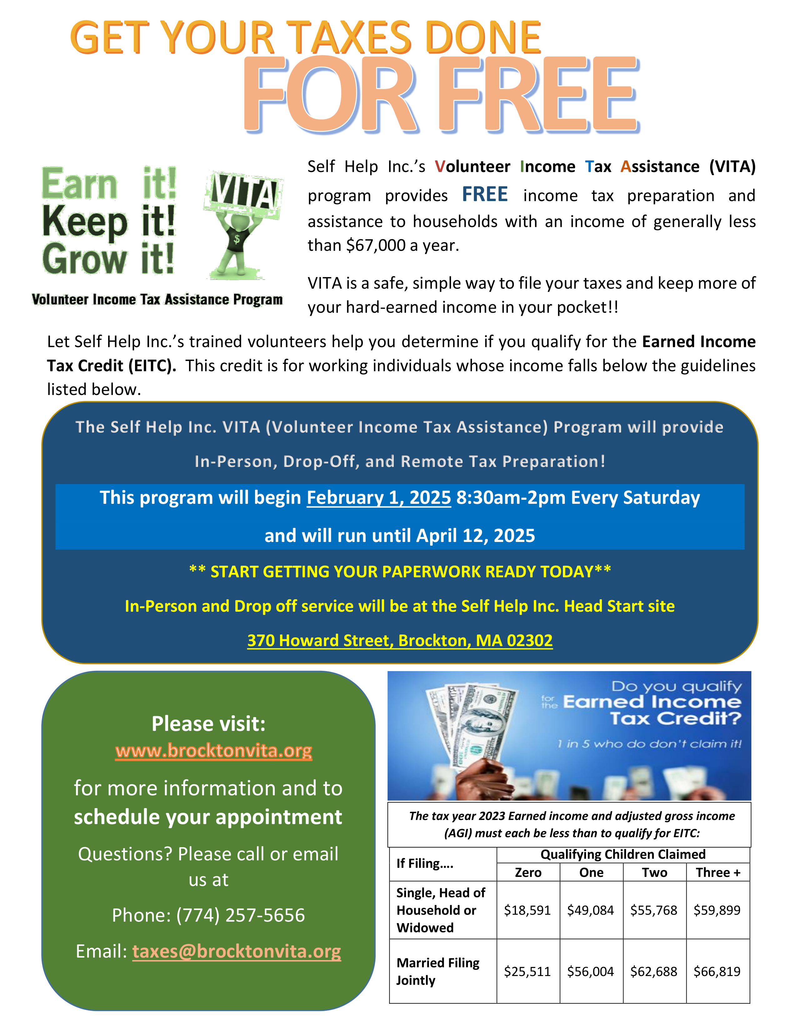 Self Help- Tax Assistance Program- Free- Appointment needed, Starts Feb. 1st, call 774-257-5656