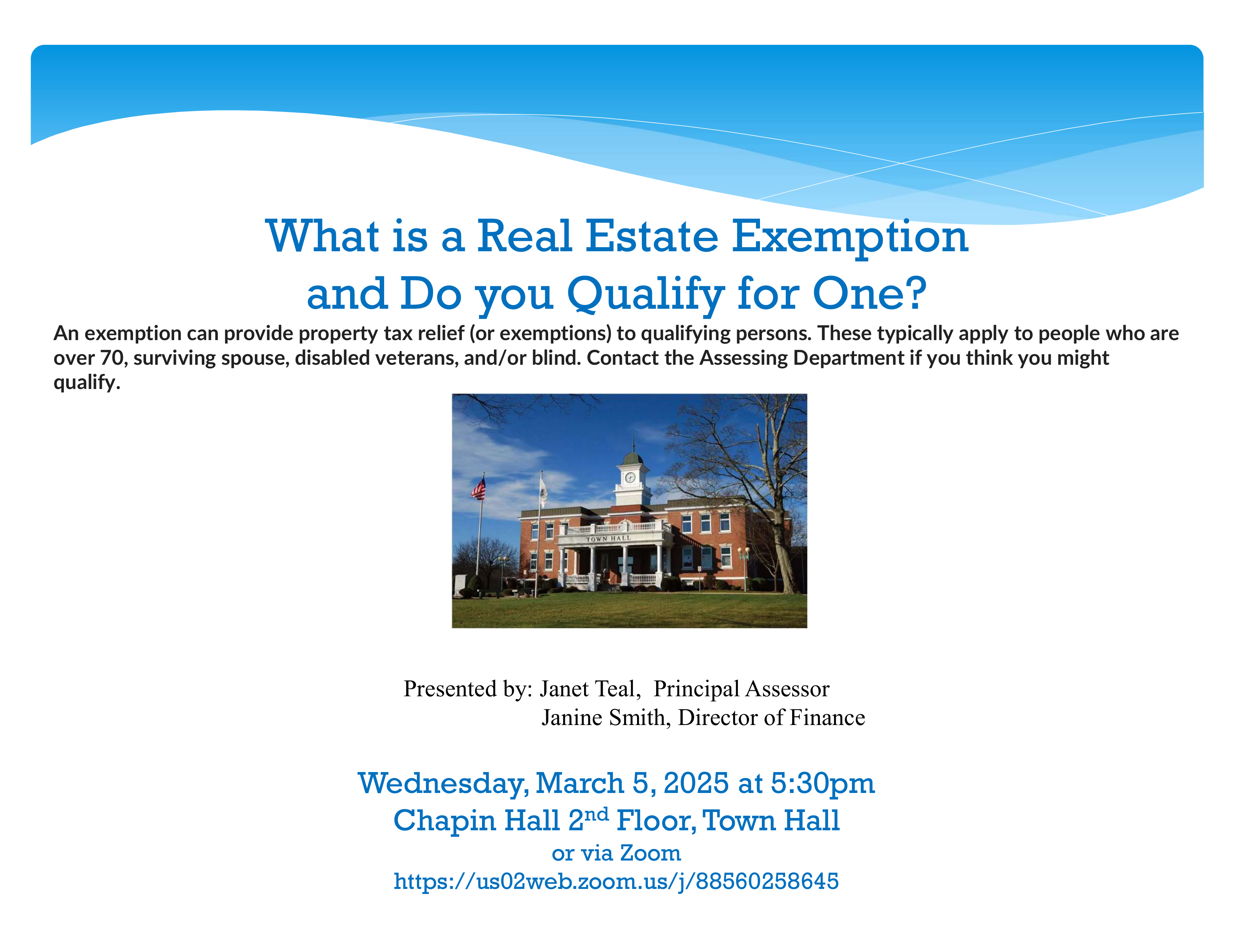Picture of Town Hall-Real Estate Exemptions Workshop-March 5th at 5:30 pm at Town Hall and on Zoom