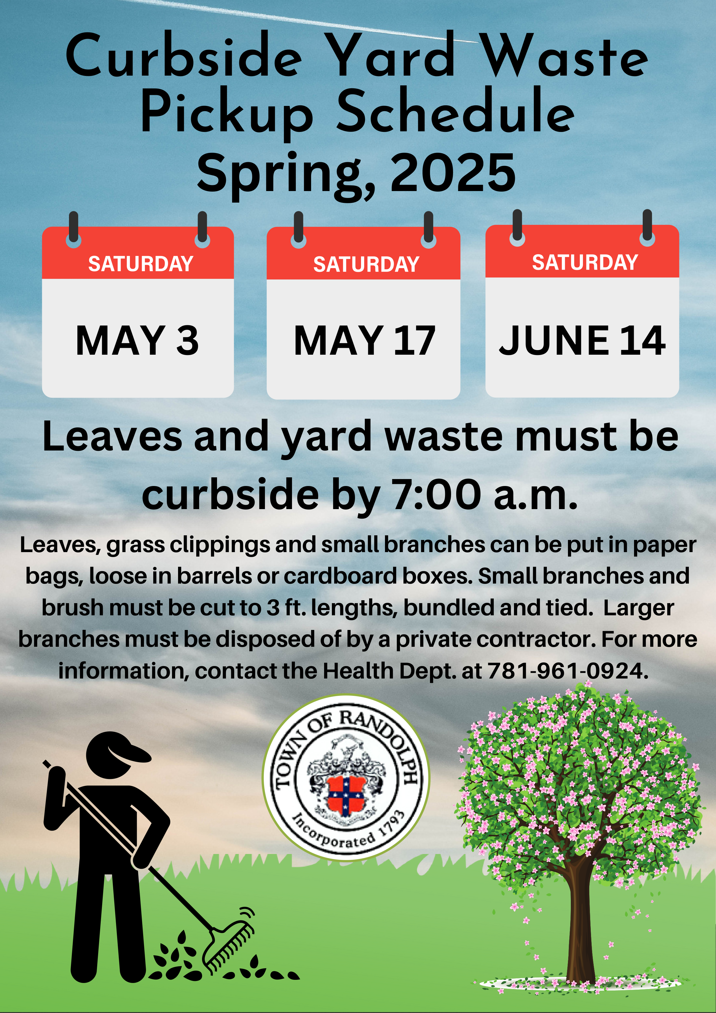 Spring Curbside Yard Waste Pickup - May 3rd, May 17th and June 14th with stick figure raking leaves