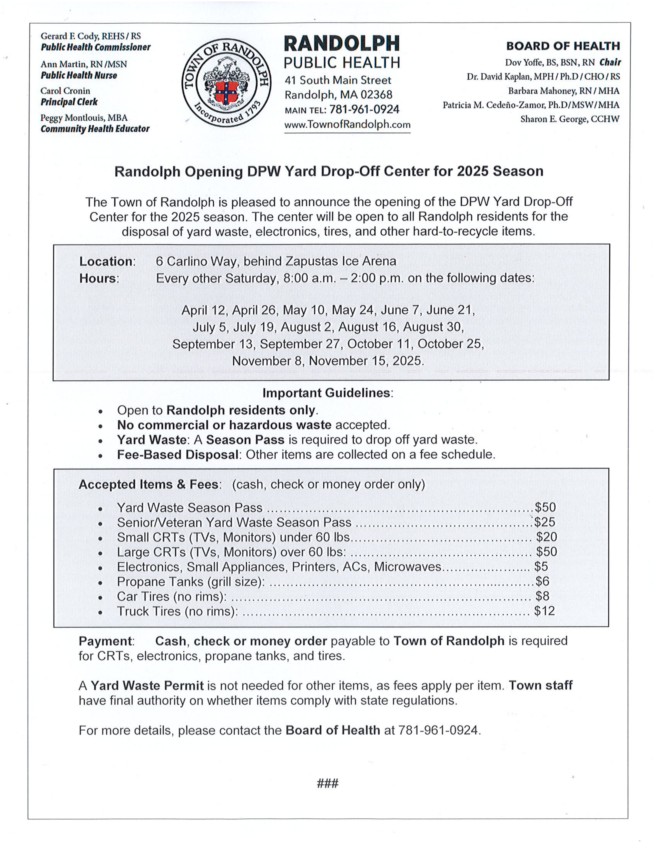 DPW Yard opens April 12th. Passes now available, Contact the Board of Health at 781-961-0924