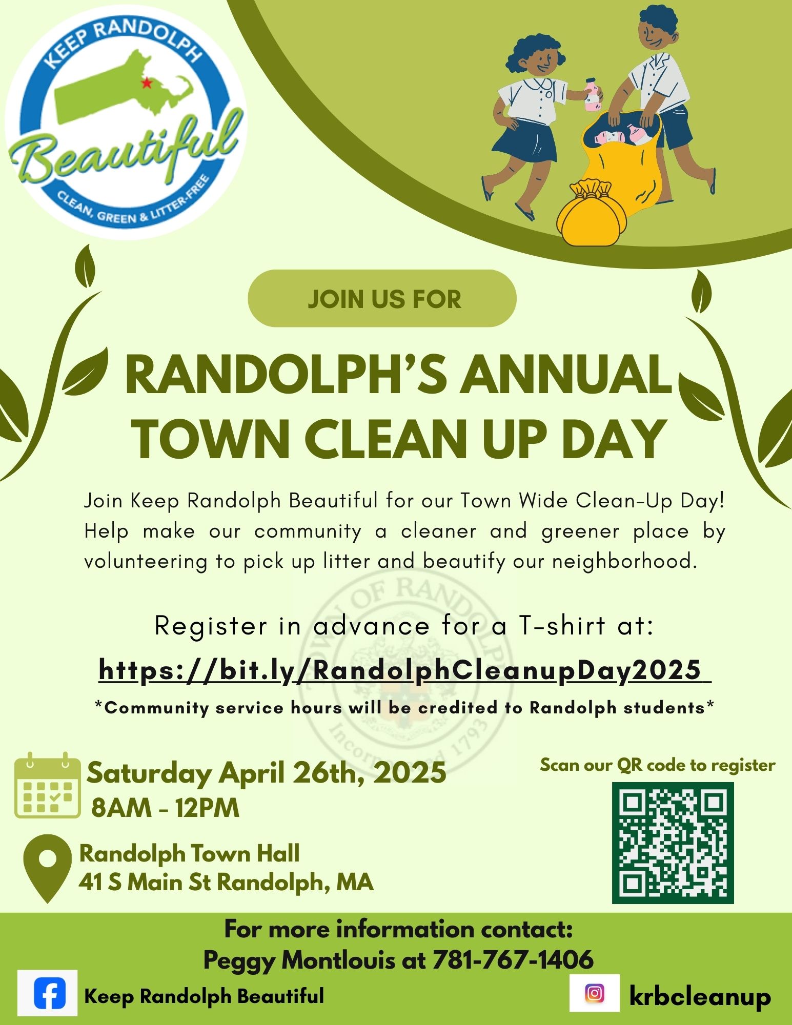Annual Town Clean Up Day-4-26-25-Town Hall-8am-12pm-signup by clicking here-kids picking up litter
