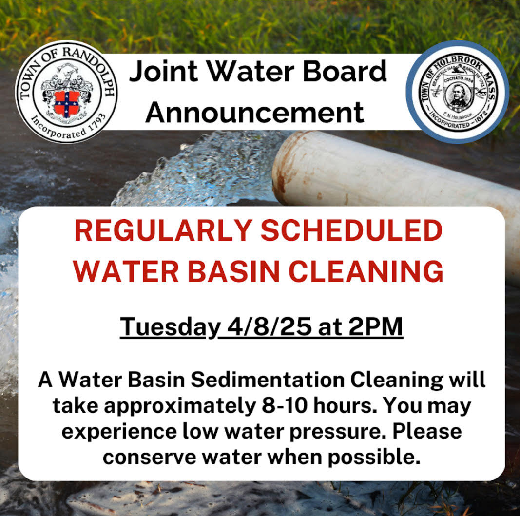 Scheduled water basin cleaning April 8th,  at 2 pm & lasting 8-10 hours. Conserve water at this time