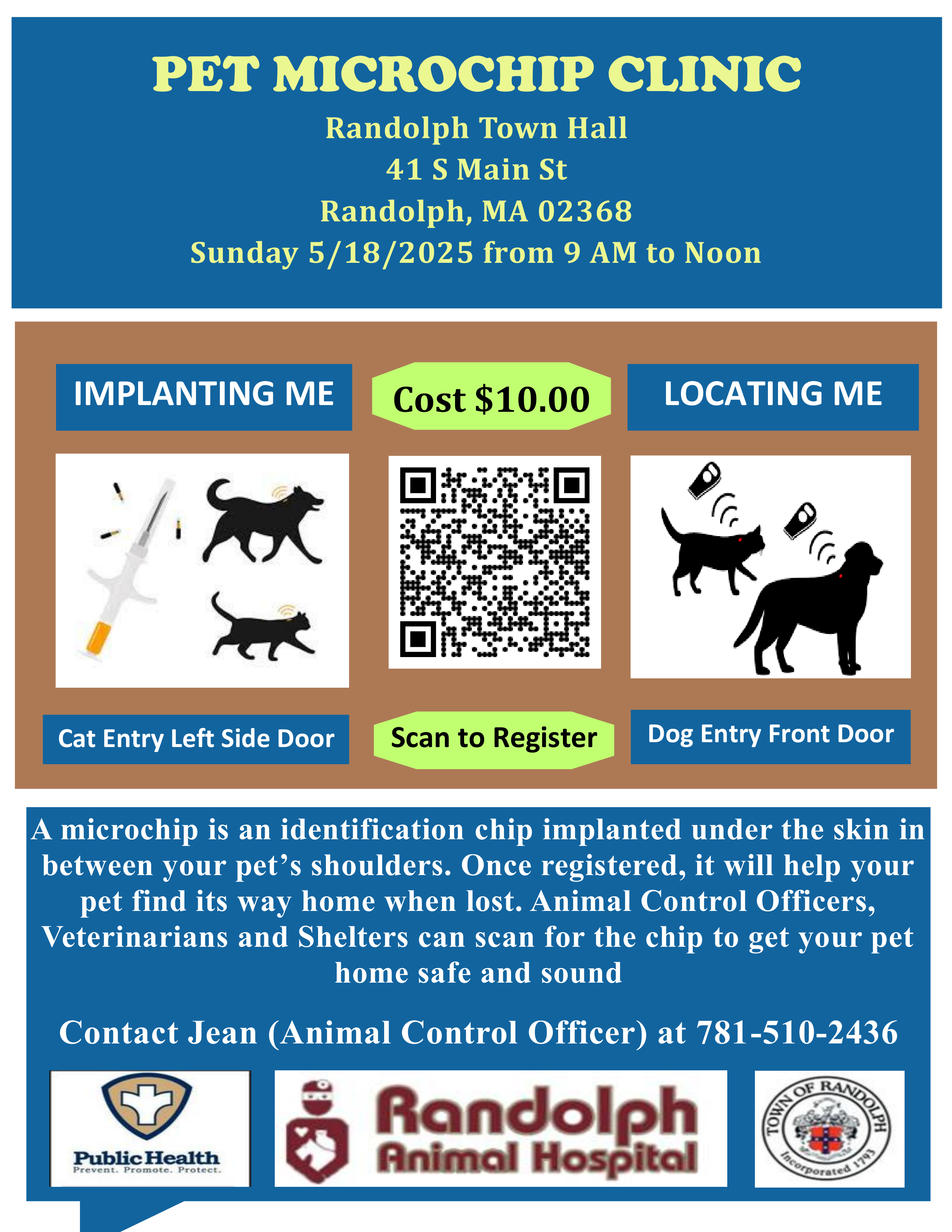 Microchip Clinic May 18, 2025 at Randolph Town Hall, 41 South Main St, 9am, to 12 Noon