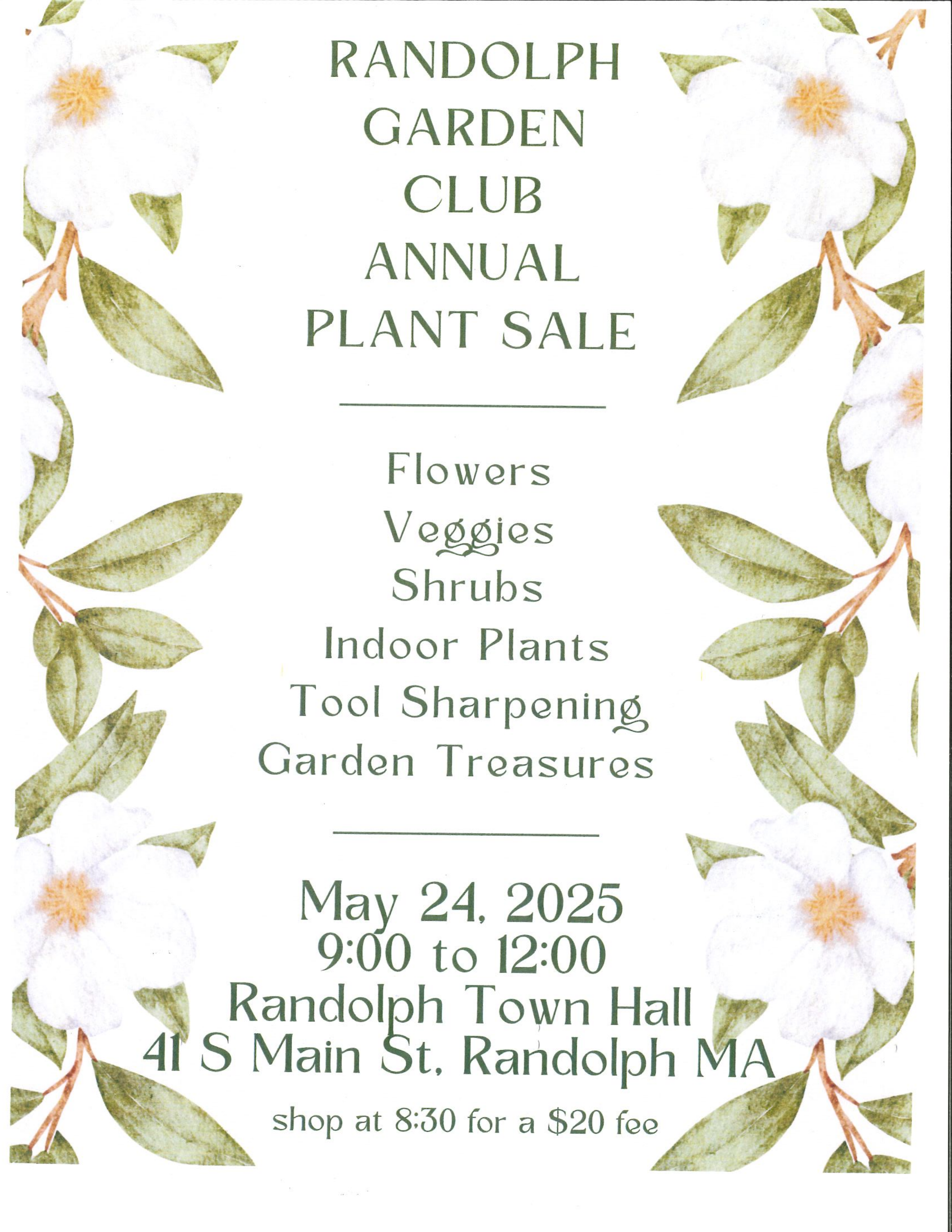 Randolph Garden Club Annual Plant Sale- May 24th at Town Hall from 9 am- 12 pm 