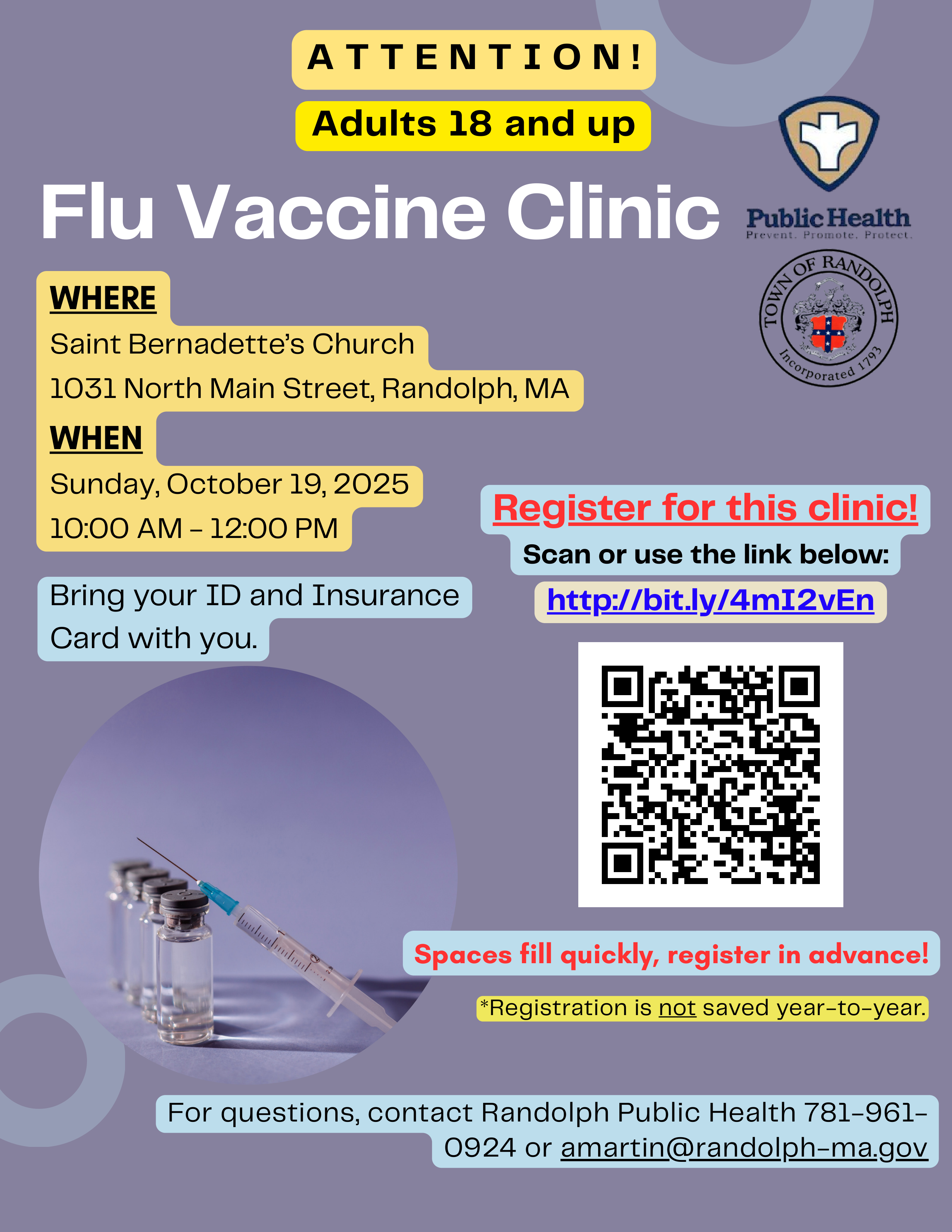 Flu Clinic October 19, 2025 at St. Bernadette's Church, 1031 N. Main St, from 10 am- 12 pm