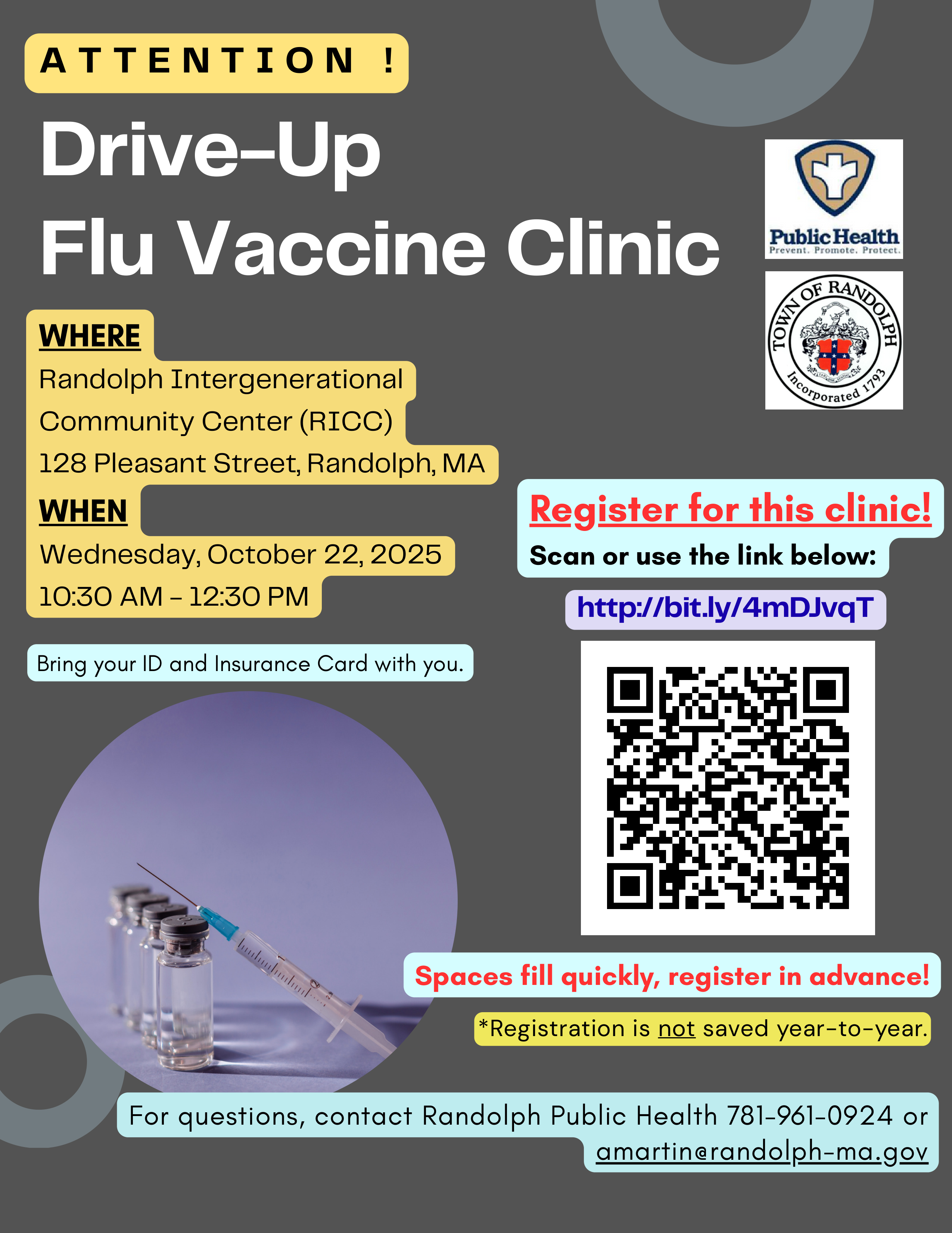Drive through Flu Clinic- Oct. 22nd from 10:30 am- 12:30 pm at the RICC, 128 Pleasant Street