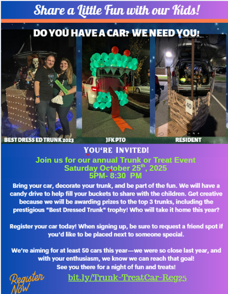 Cars needed for the Trunk or Treat event on Oct. 25th. Please call 781-961-0930 and ask for Robyn