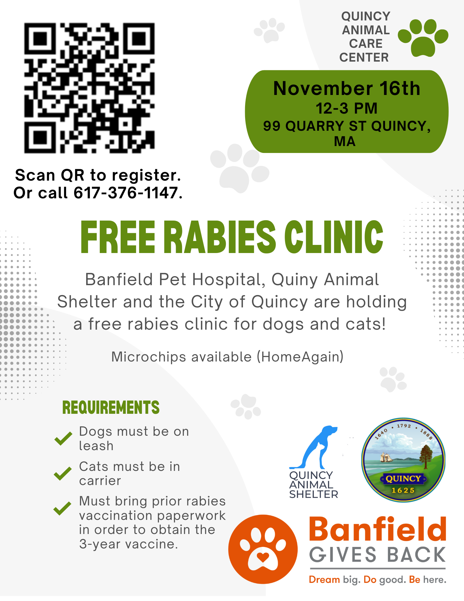 Free Rabies Clinic- Nov. 16th from 12-3 pm at Quincy Animal Care Center, 99 Quarry St