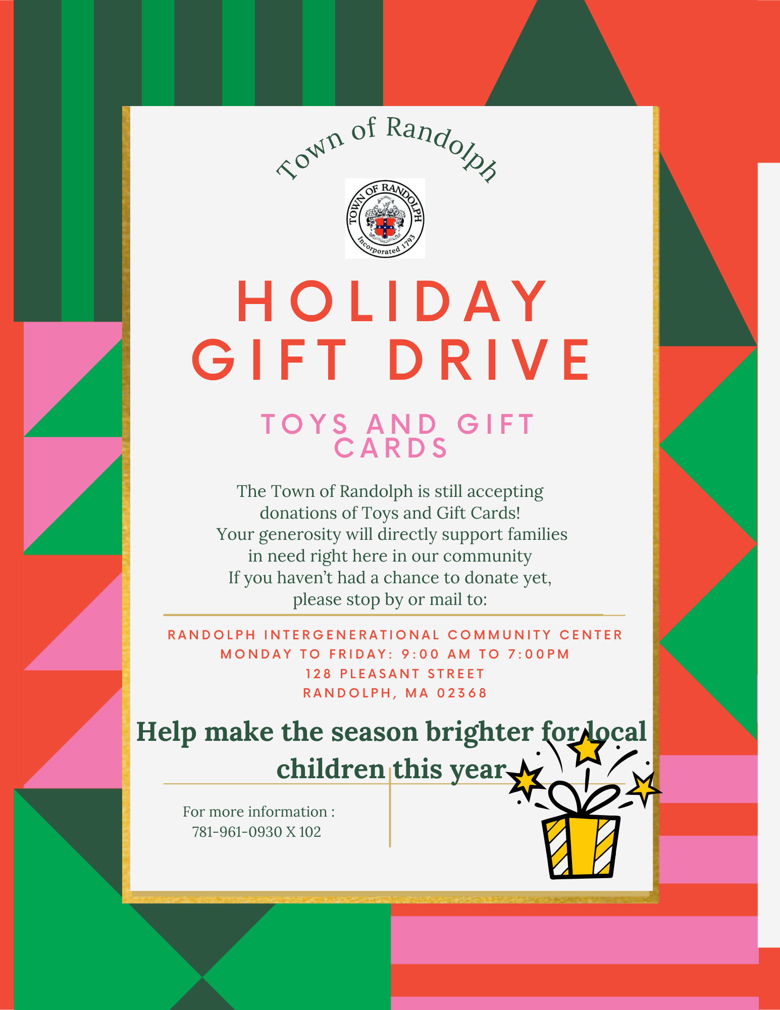 Toys and gift cards still needed to help those in need. Please stop by RICC, 128 Pleasant St