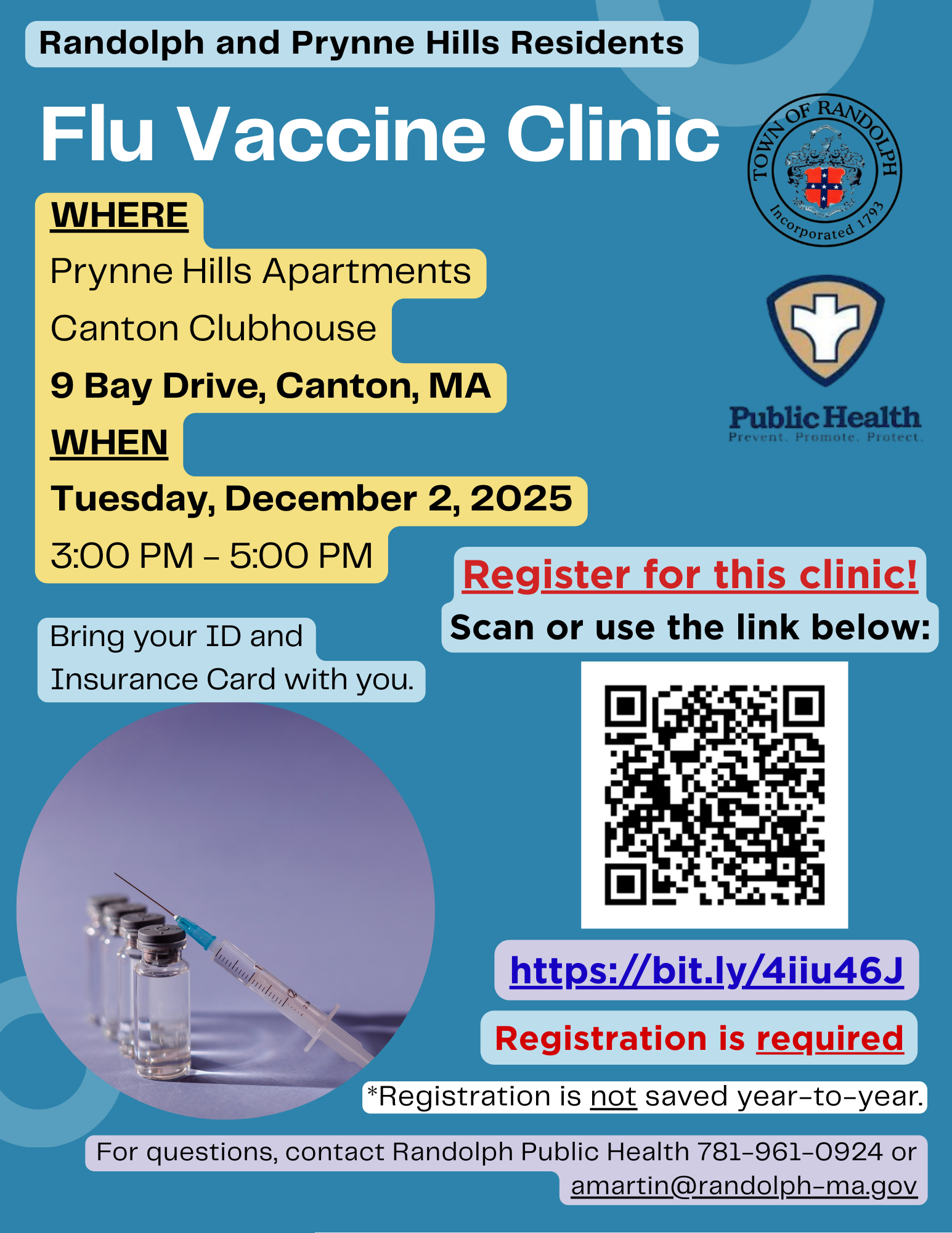 Prynne Hills Vaccine Clinic Dec 2 2025 9 Bay Drive, Canton MA 3-5 PM