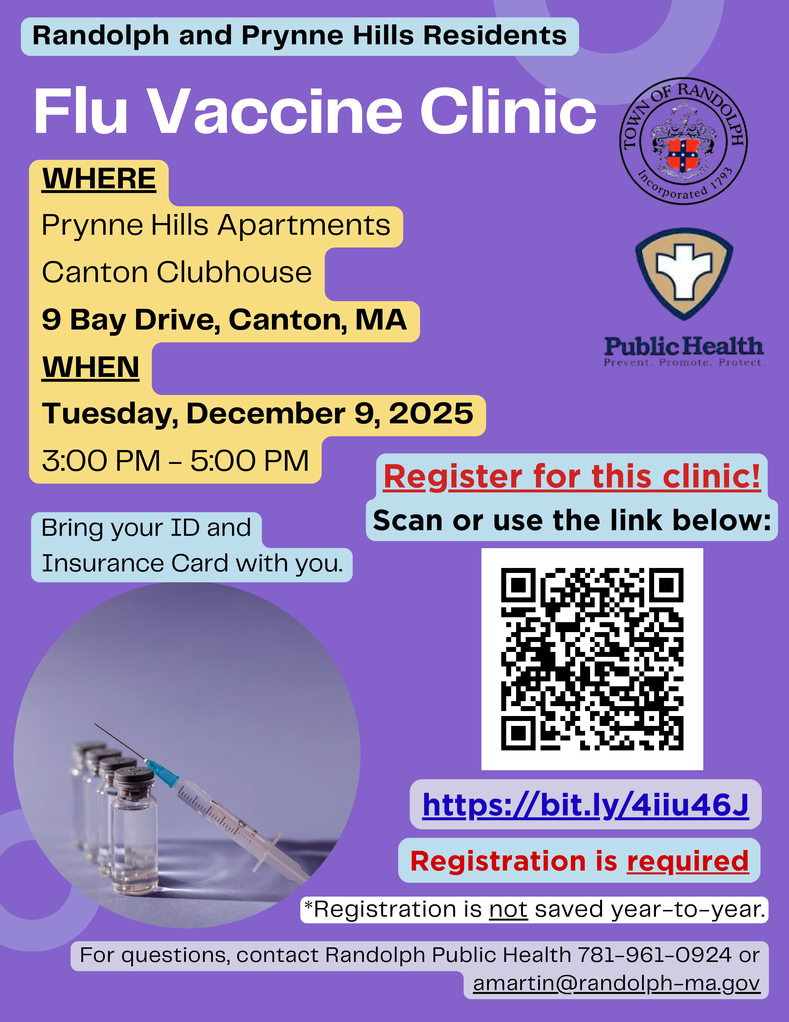 Flu Vaccine Clinic, Dec. 9th from 3 pm to 5 pm at the Clubhouse at Prynne Hills, 9 Bay Dr, Canton
