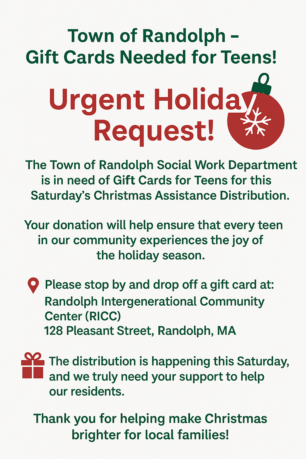 Gift cards urgently needed for teenagers this Christmas-Bring to the RICC, 128 Pleasant St, Dec. 6th