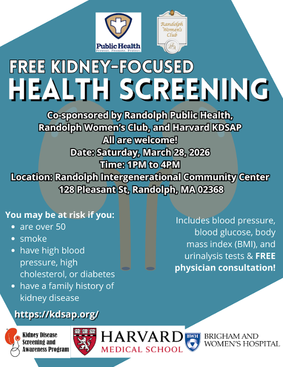 Free Kidney Screening March 28, 2026 1 PM - 4 PM at 128 Pleasant Street, Randolph