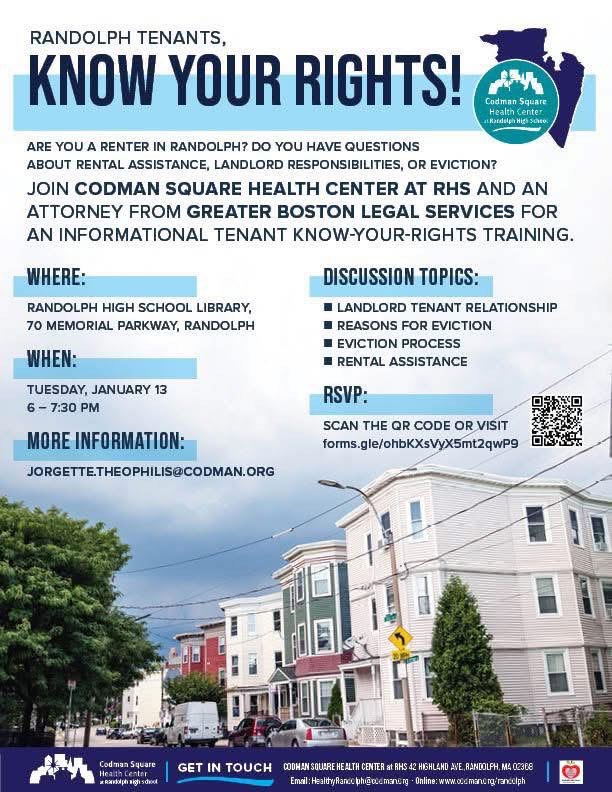 Know your tenant rights information workshop-Jan. 13th- 6-7:30 pm, Randolph High School Library
