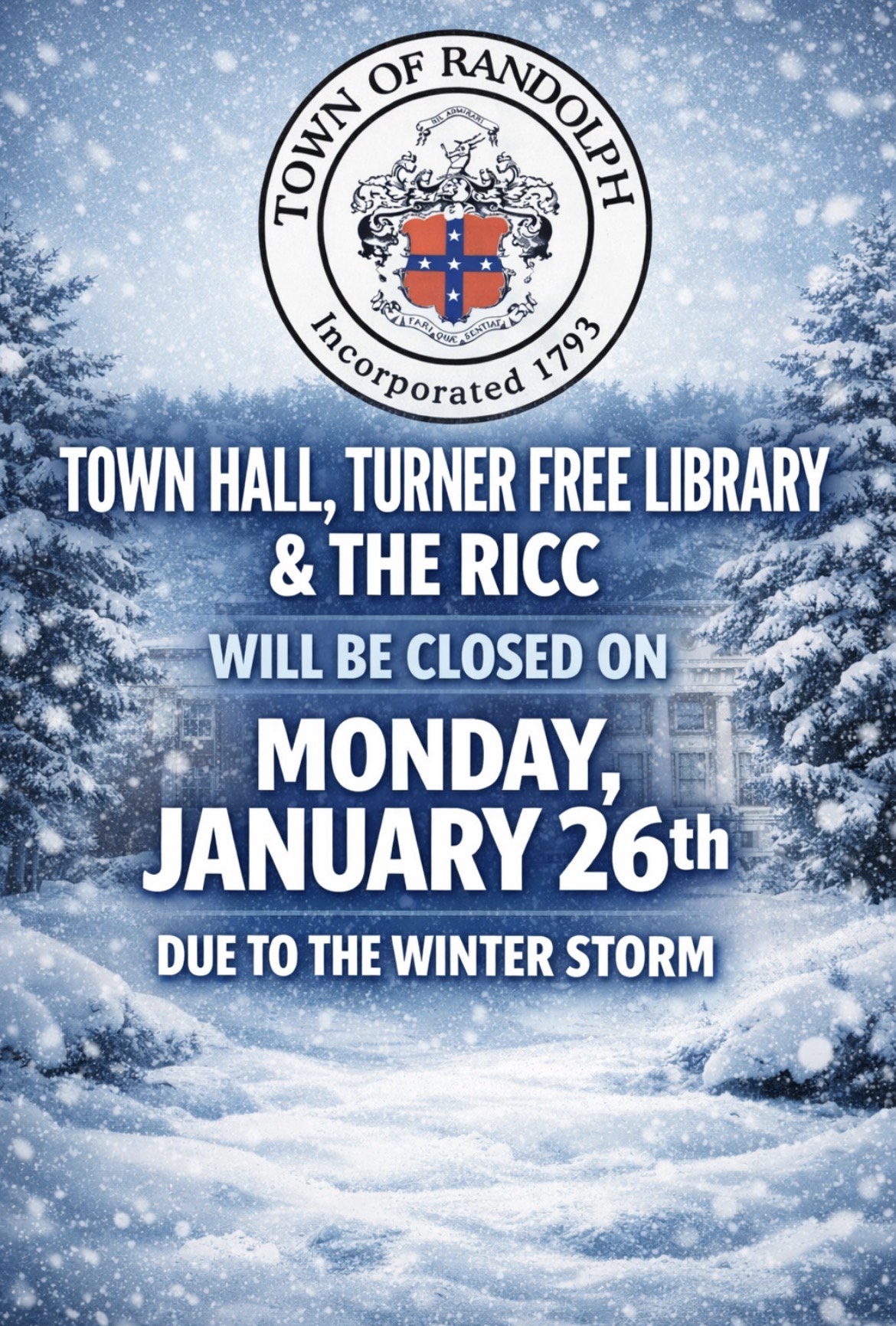 Town Hall, RICC and Turner Free Library will be Closed on Monday, January 26th