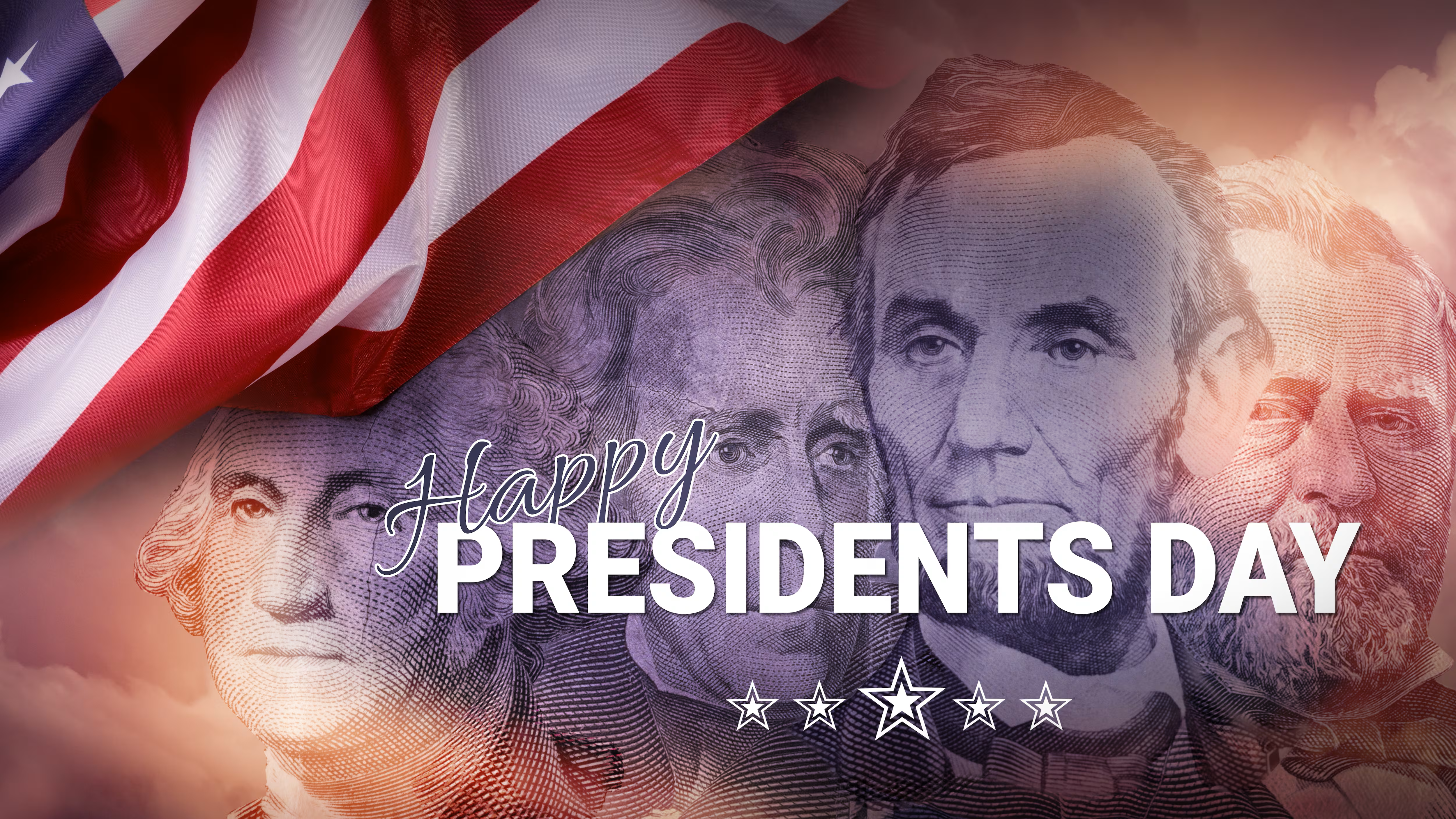 picture of presidents Washington, Lincoln, Jackson, Roosevelt with words happy presidents day