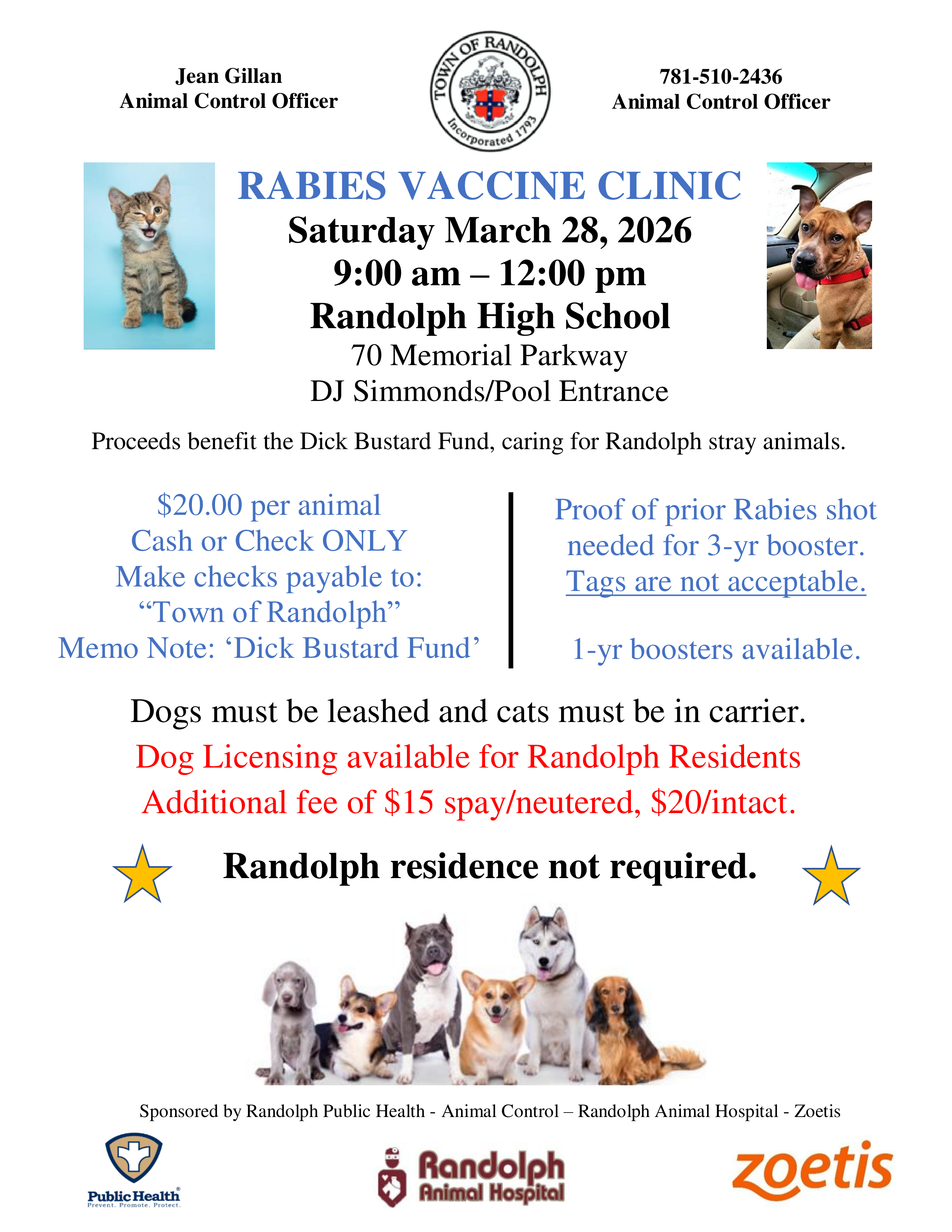 Annual Rabies Clinic, March 28th from 9:00am-12:00pm Randolph High School 70 Memorial Pkwy $20